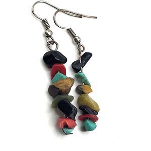 Native Turquoise Coral Jet Jade Tiger's Eye Chip Dangle Drop Earrings 2in